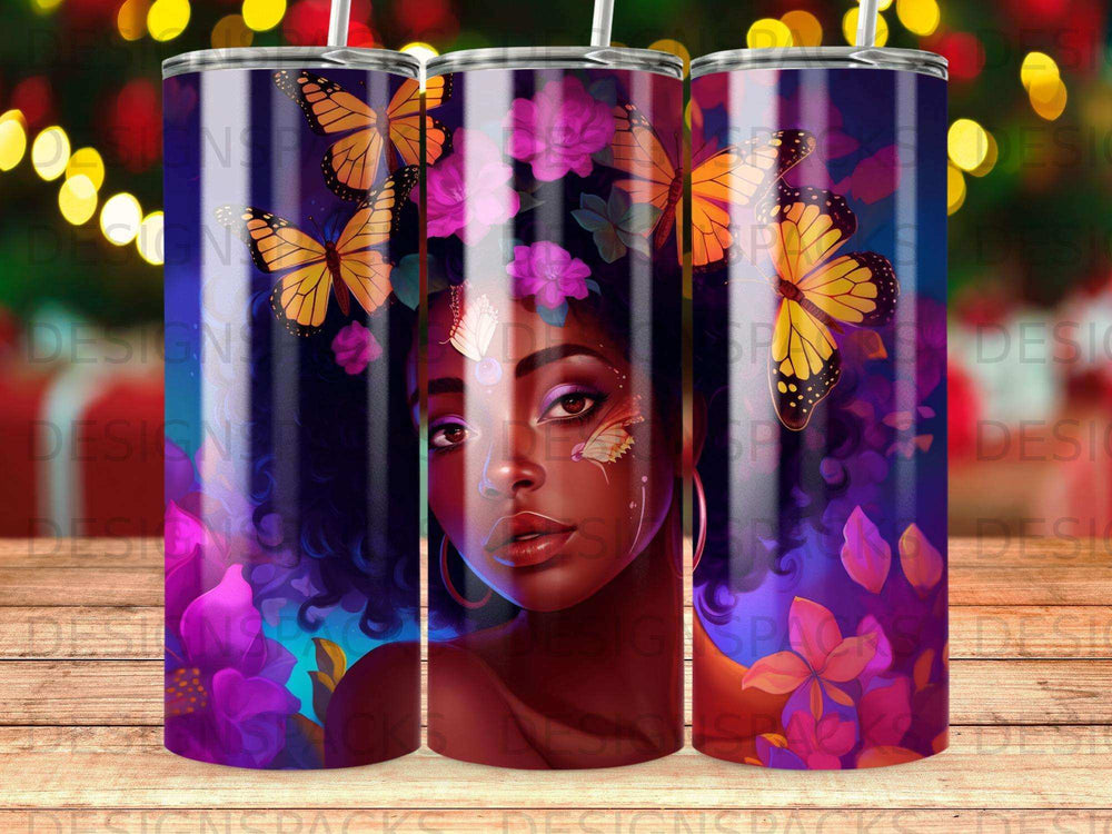 Woman with butterflies and flowers on a purple and blue patterned tumbler.