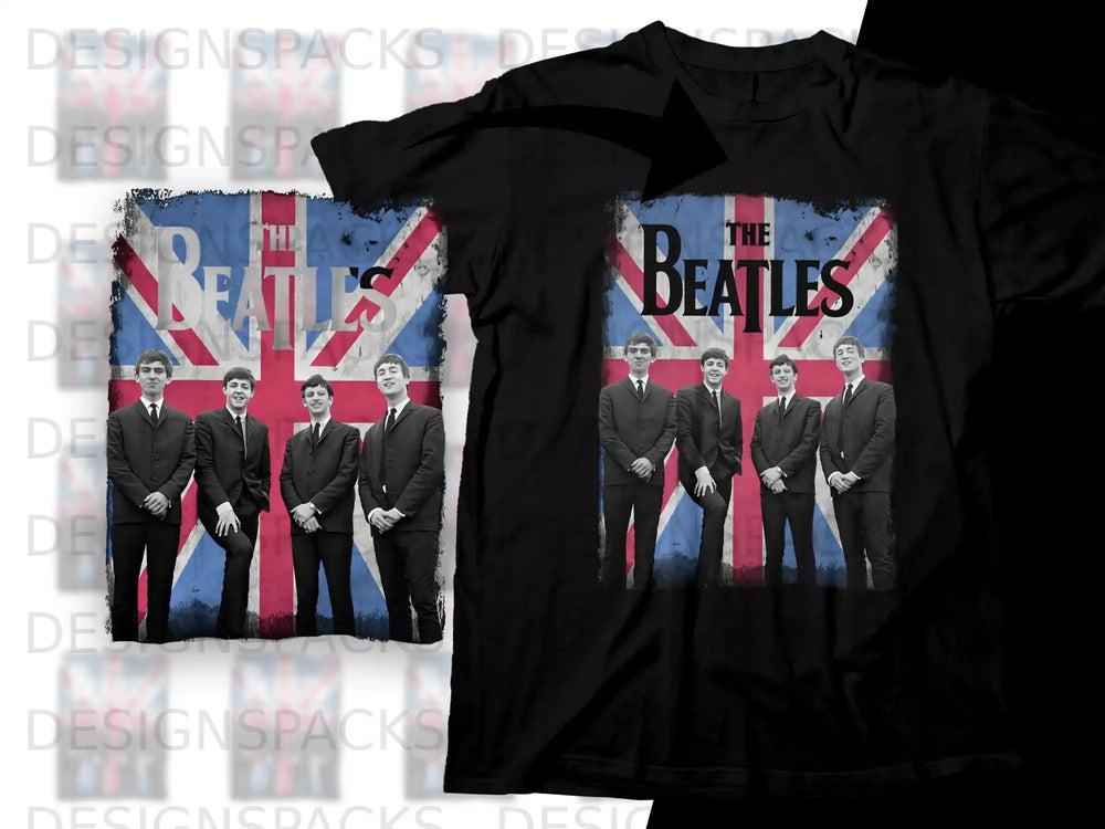 The Beatles standing in front of a Union Jack flag on a black t-shirt.
