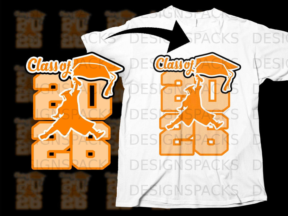 "Class of 2026" graduation design with orange cap and silhouette on white t-shirt.