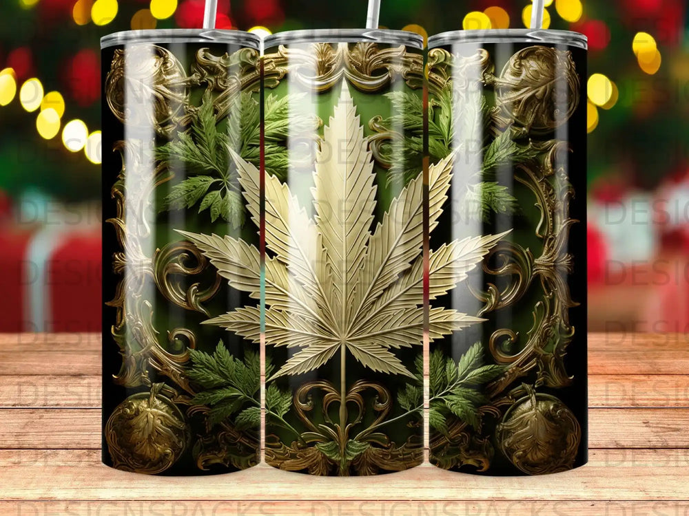 Gold cannabis leaf on ornate dark green background with festive lights.