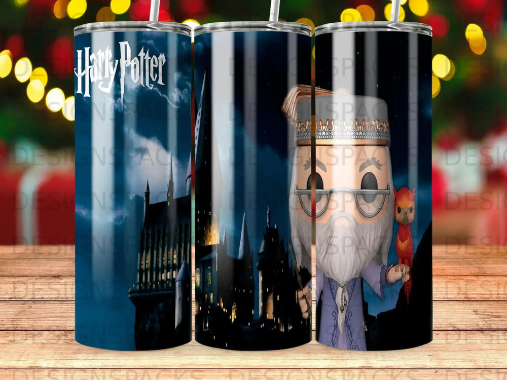 Hogwarts castle and Dumbledore with Fawkes on Harry Potter themed tumbler.