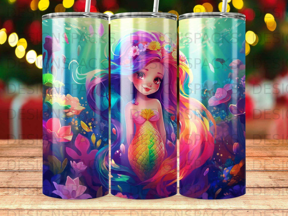 Mermaid with colorful scales and vibrant underwater flora.