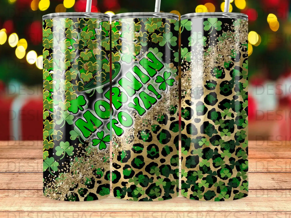 Green shamrocks and leopard print tumbler with "Mornin' Co-ya!" text.