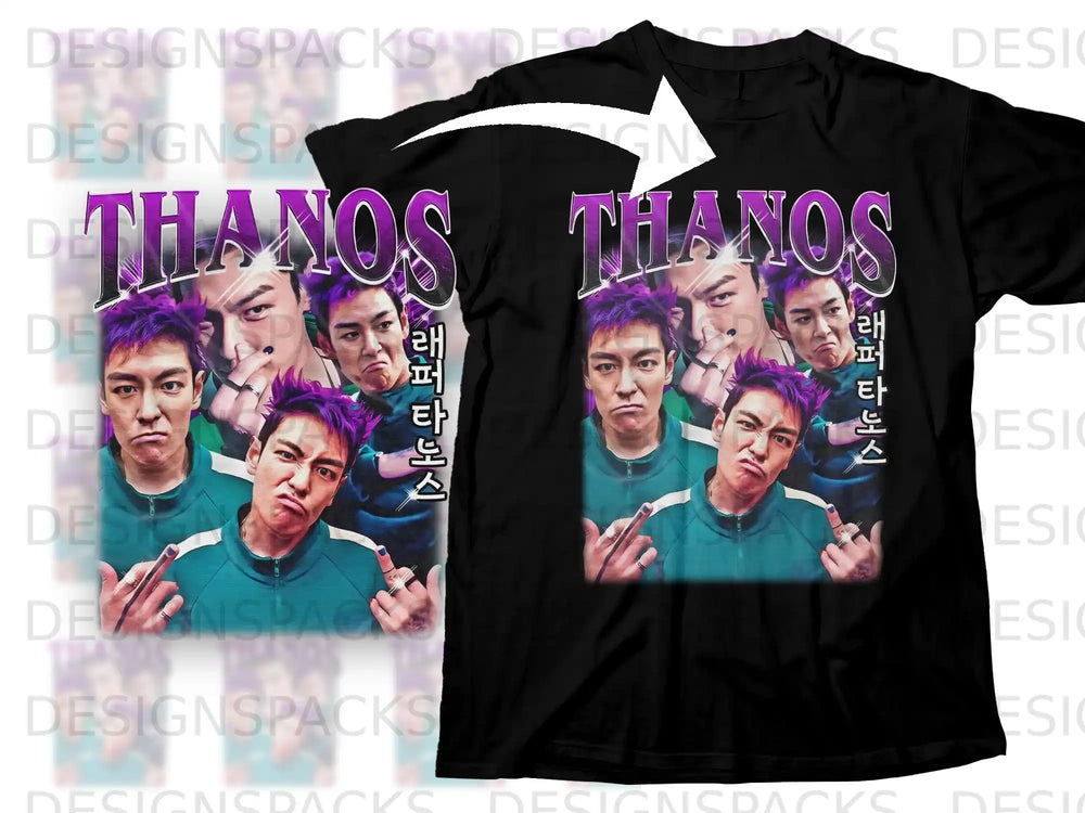 Black t-shirt featuring "THANOS" logo and K-pop artist rapper Taemin's face.