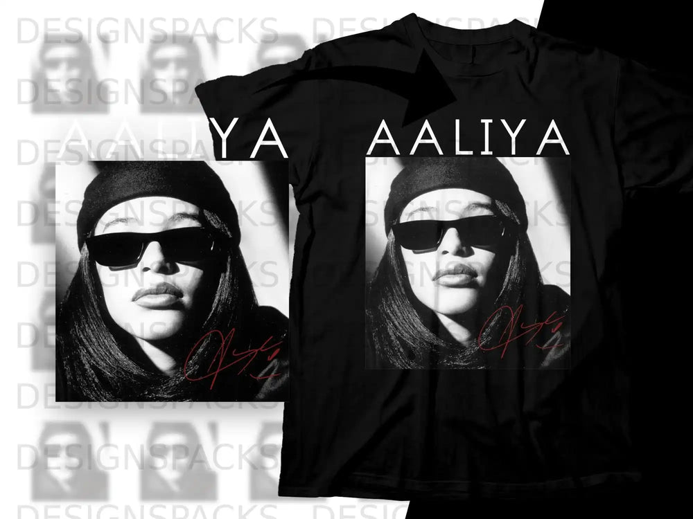 Aaliyah portrait graphic on a black t-shirt.