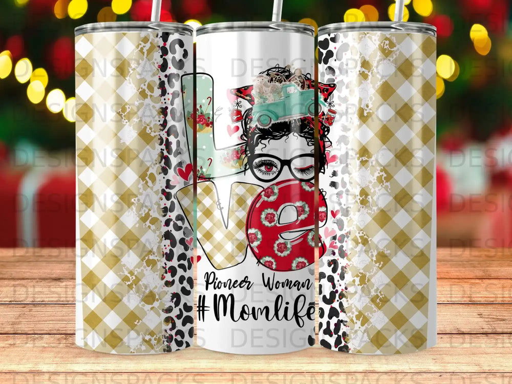 Tumbler with "LOVE #Momlife Pioneer Woman" text and a vintage truck.