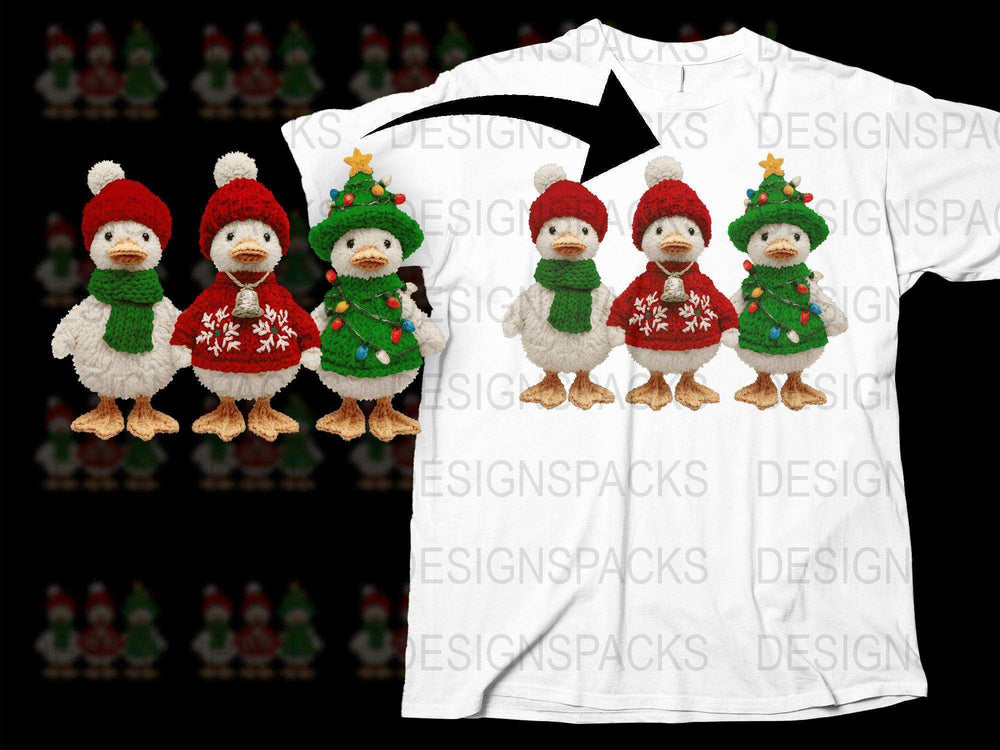 Cute Duck Christmas T-Shirt, Holiday Festive Ducks in Hats, Unisex Winter Apparel for All Ages