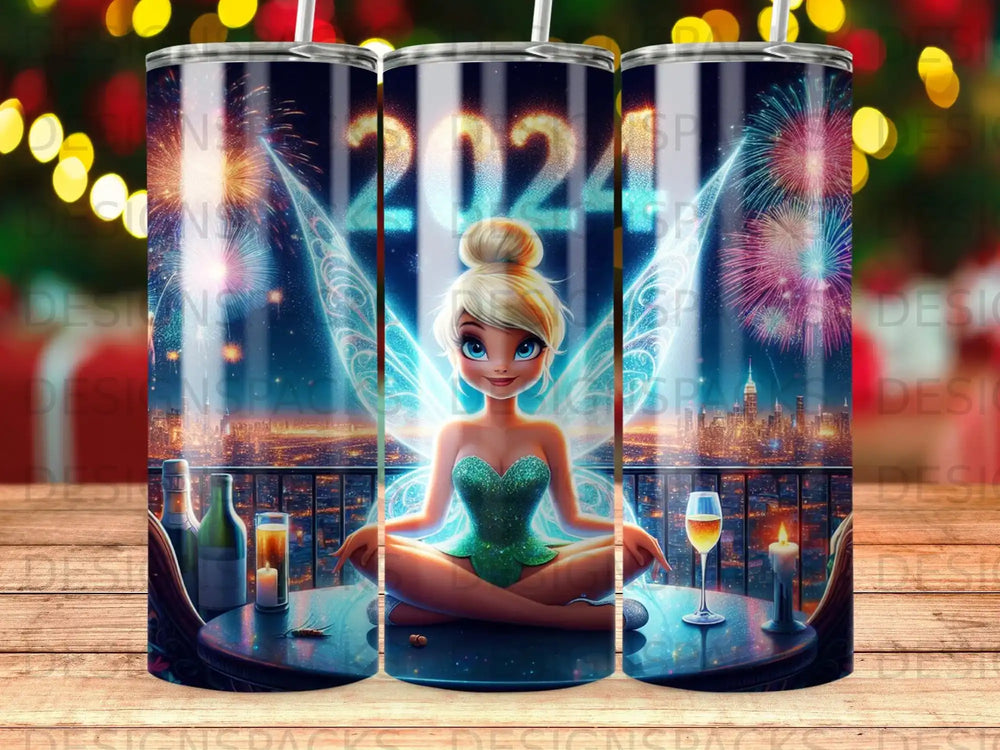 Tinkerbell sits cross-legged before a table with champagne and fireworks.