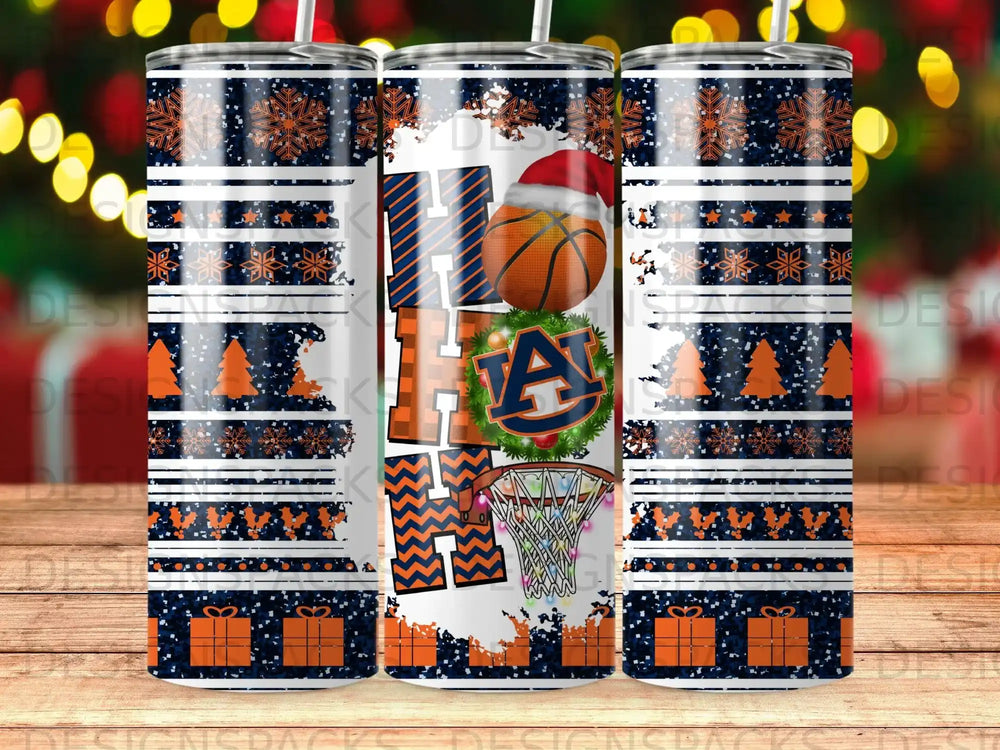 Orange and blue tumbler with Auburn logo and Christmas designs.