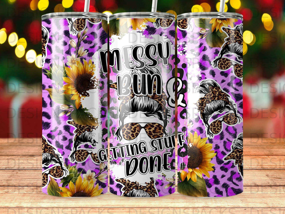 Leopard print tumbler with sunflowers and "Messy Bun Getting Stuff Done" text.