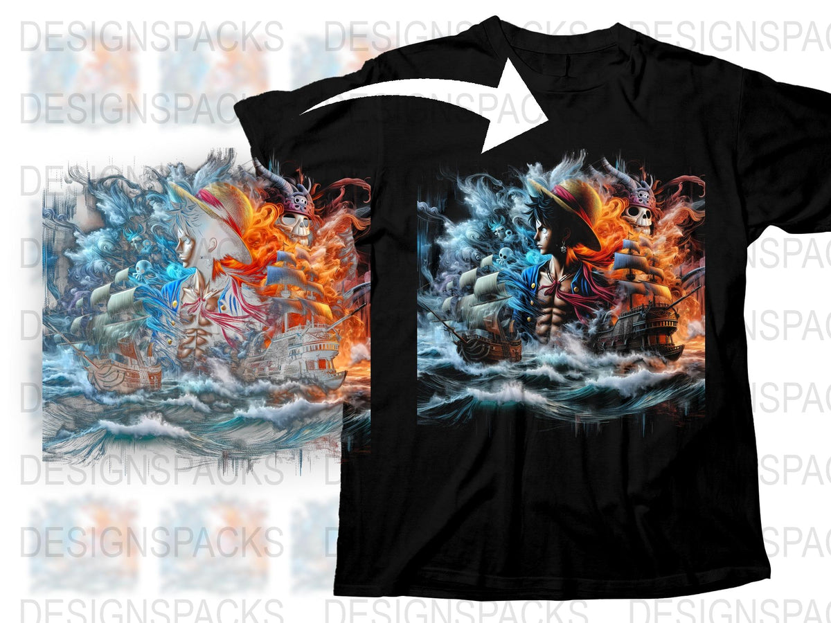 Colorful Fantasy Battle Graphic T-Shirt, Pirate Ship and Creatures, Unique Artistic Design Tee, Men's Fashion
