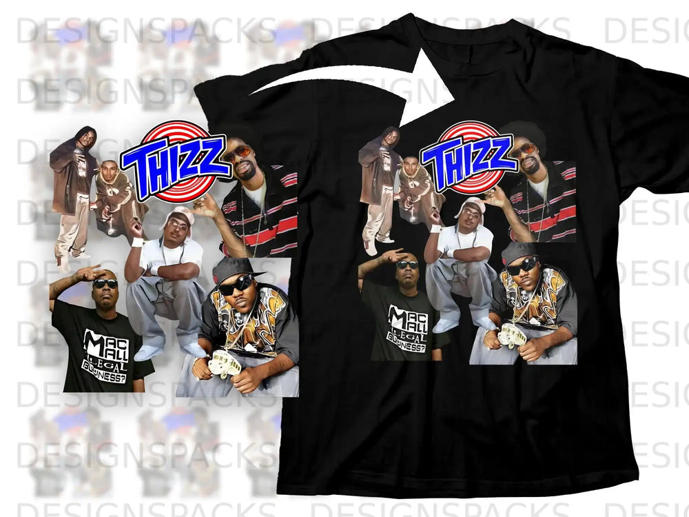 T-shirt with "Thizz" logo and men posing, over a backdrop of the same design.
