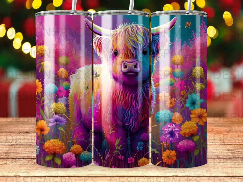 Vibrant Highland cow with colorful flowers and a bokeh background.