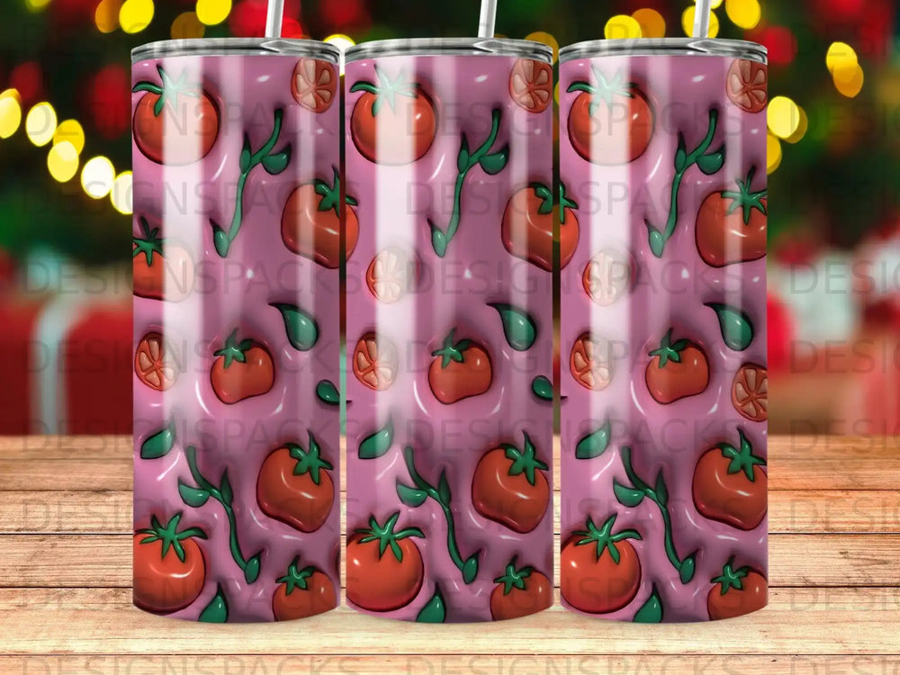 Pink tumbler with repeating pattern of glossy red tomatoes and green stems.