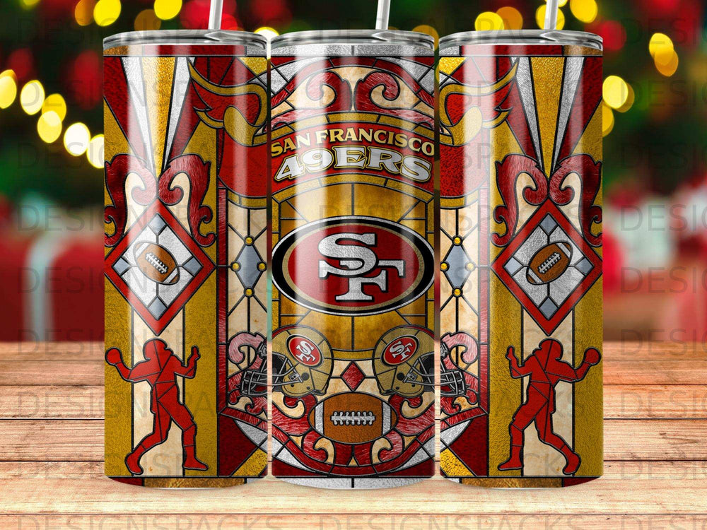 San Francisco 49ers logo and team motifs on a tumbler.