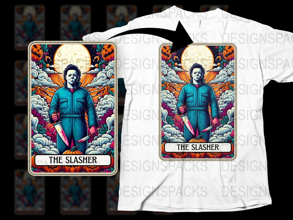 Vintage Horror Movie Tarot Card T-Shirt, The Slasher Graphic Tee, Full Moon Design, Unisex Cotton Shirt, Unique Gift Idea