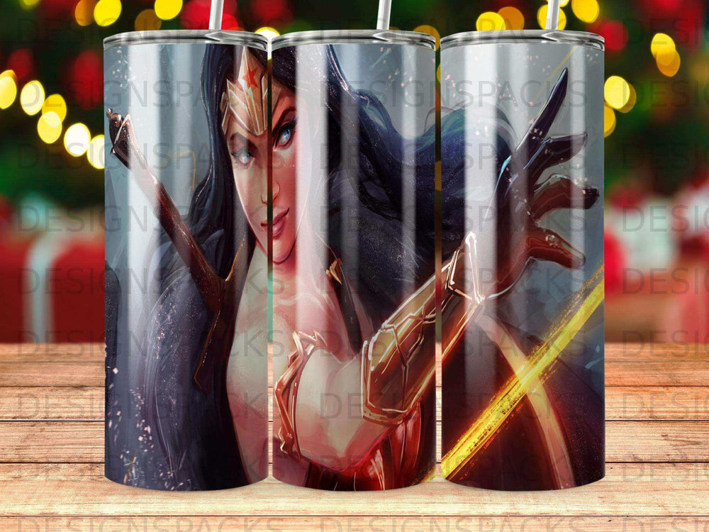 Wonder Woman artwork on a cylindrical tumbler with a dark, fiery background.