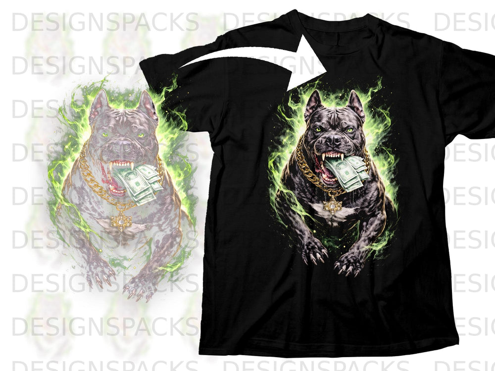 Black t-shirt with a pitbull wearing a gold chain and holding money in its mouth.
