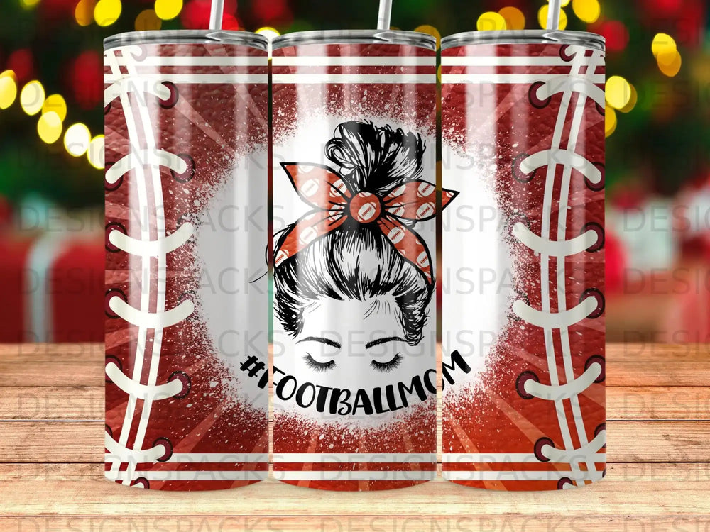 Football Mom tumbler with messy bun and bandana.