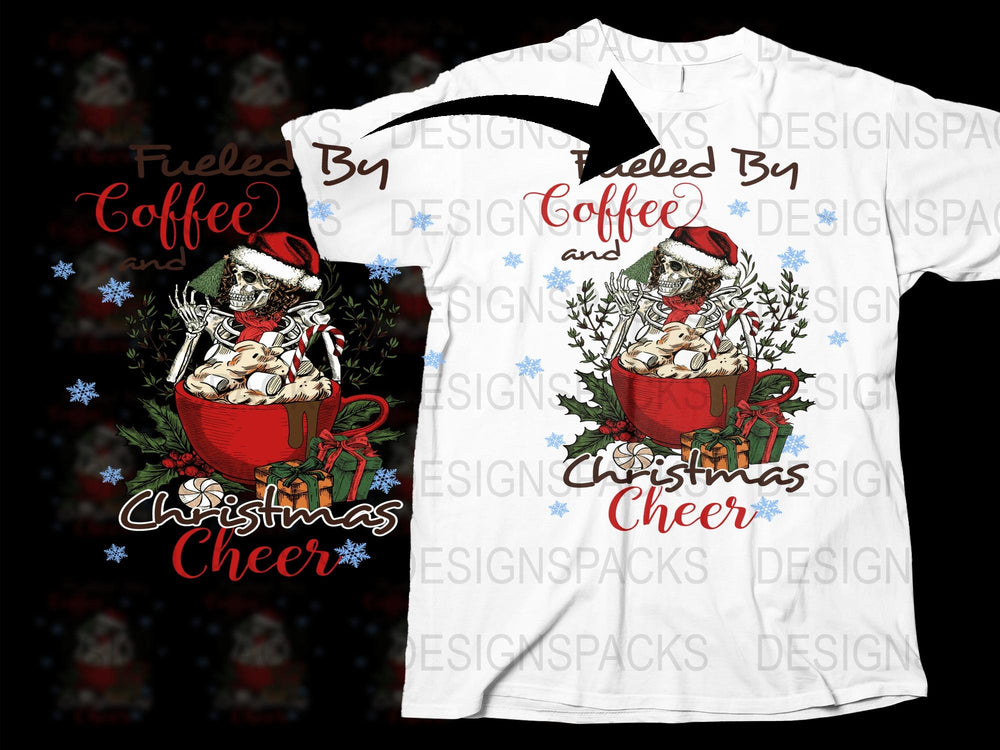 Christmas Cheer Coffee Skeleton T-Shirt, Funny Holiday Graphic Tee, Festive Xmas Gift Idea
