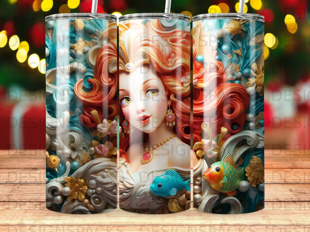 Woman with elaborate hair and blue fish, surrounded by ornate underwater elements.