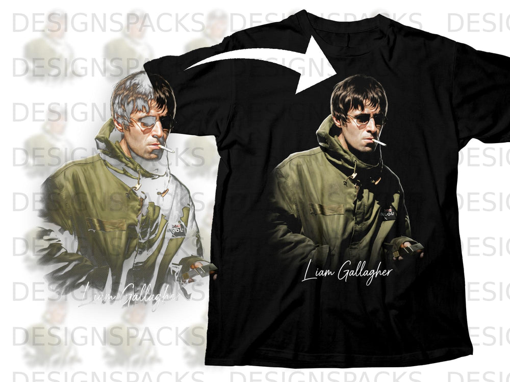 Black t-shirt with Liam Gallagher artwork and his signature.