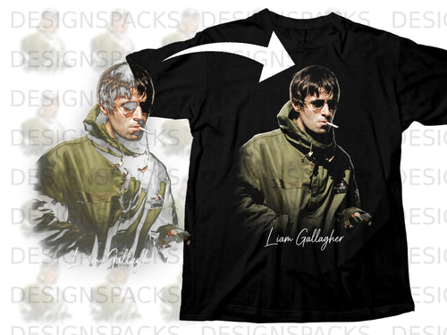 Black t-shirt with Liam Gallagher artwork and his signature.