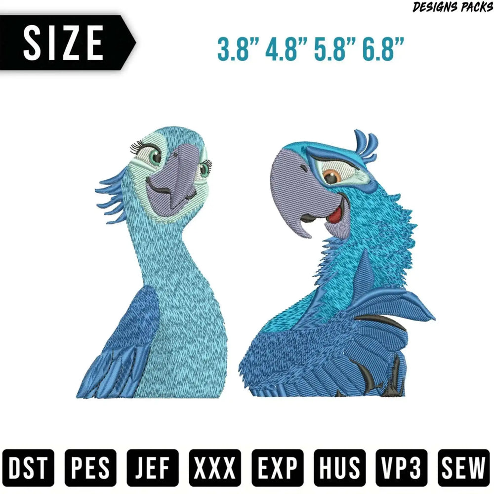 Two cartoon blue macaws, with size options and embroidery file types listed.