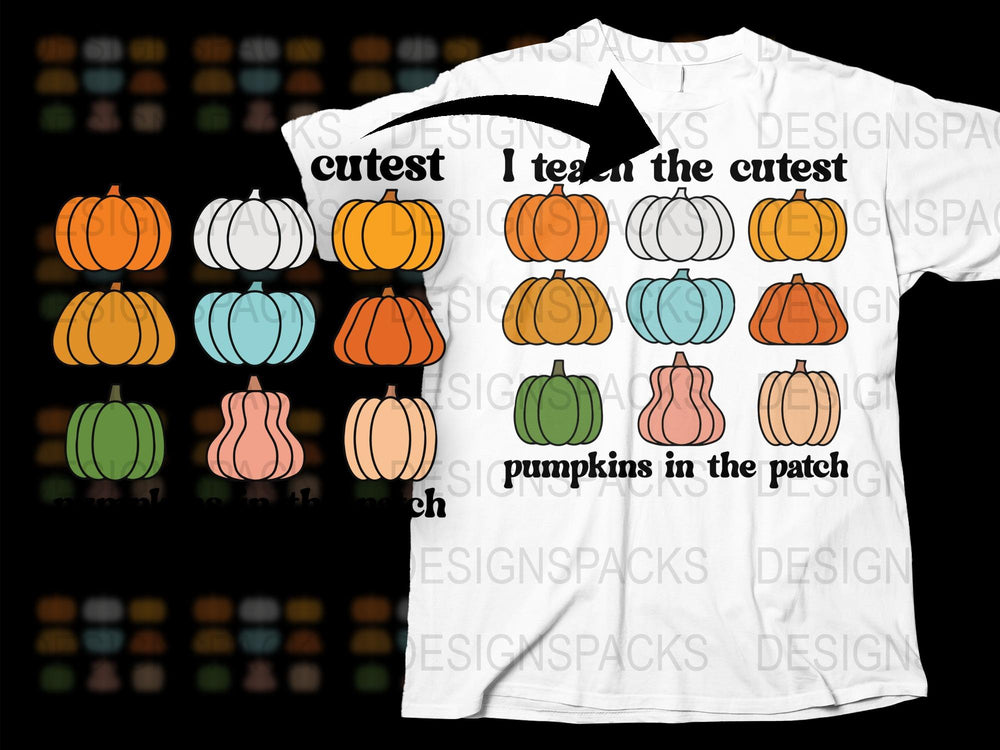 Cute Pumpkin Patch T-Shirt, Colorful Autumn Pumpkins Graphic Tee, Fall Season Casual Apparel