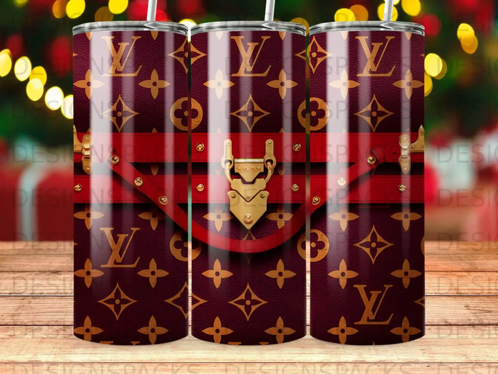 Maroon tumbler with repeating LV monogram and gold buckle.