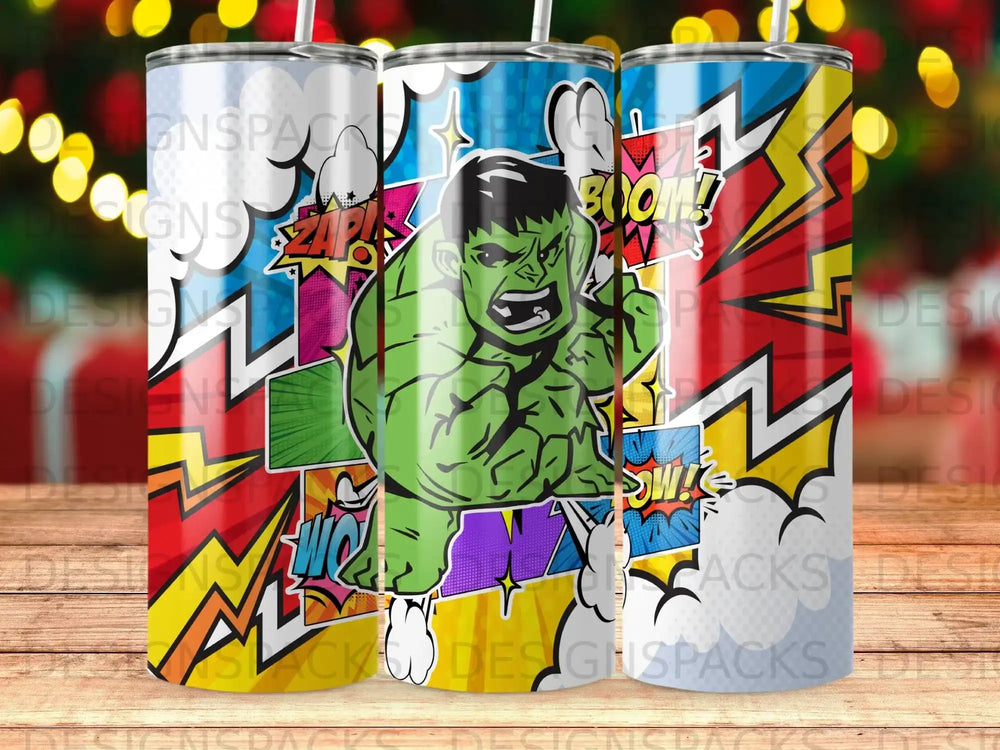 Hulk superhero in comic book style on a patterned tumbler with "Boom!" text.