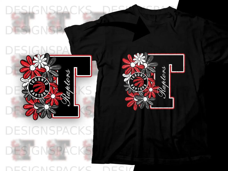 Toronto Raptors logo with floral accents on a black t-shirt.