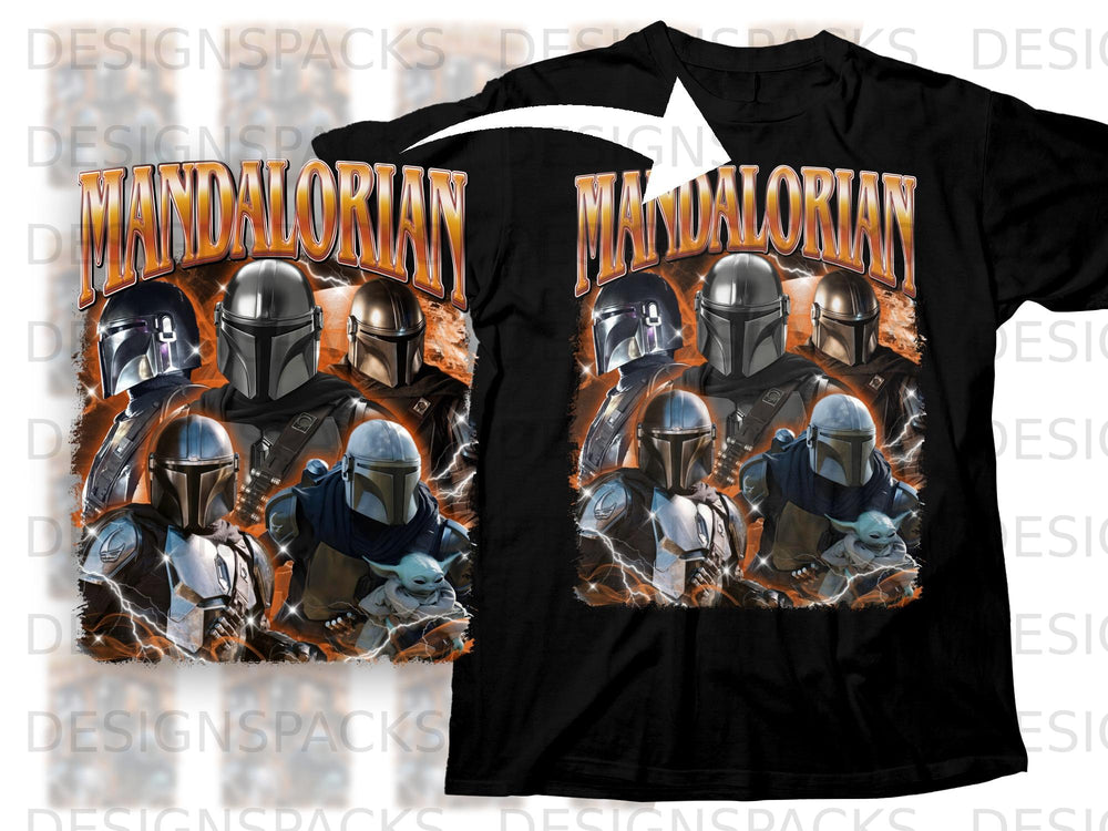 Black t-shirt with "The Mandalorian" text and group of Mandalorians and Grogu.