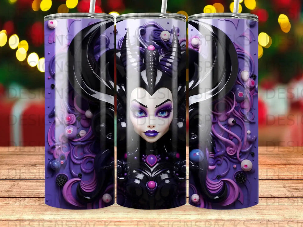 Witch-like character with purple armor and ornate headpiece on a purple tumbler.