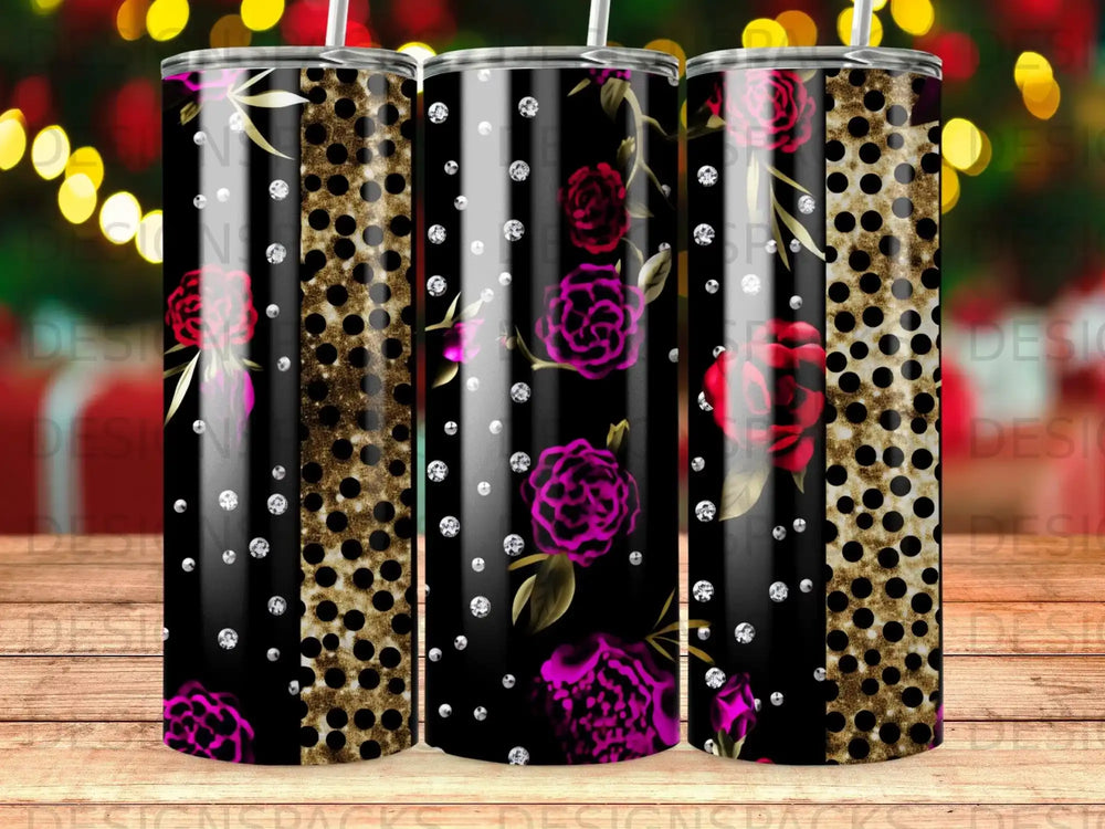 Black tumbler with pink roses, gold polka dots, and diamonds.