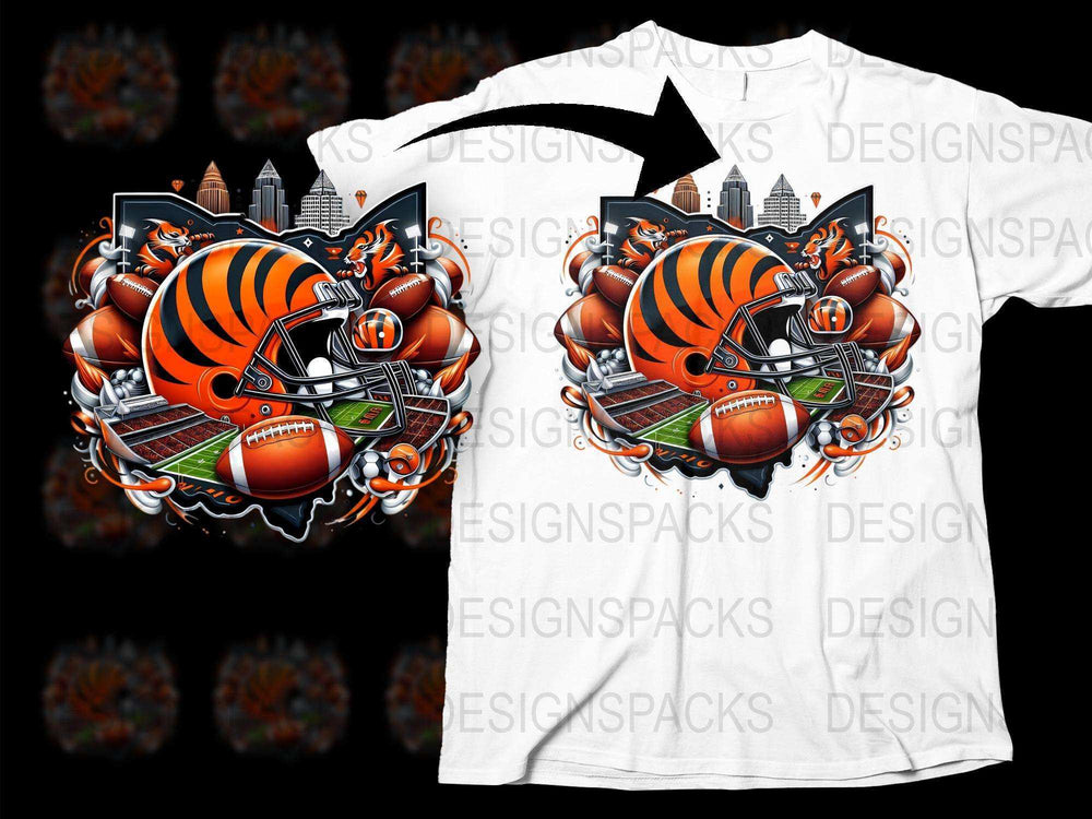 Football Themed T-Shirt Urban Skyline Graphic Tee Sports Fan Apparel Bold Stripes Unique Design Gift