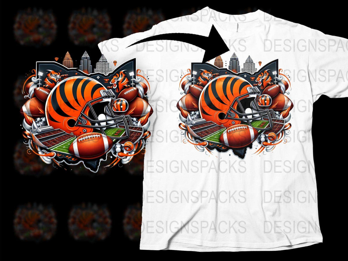 Football Themed T-Shirt Urban Skyline Graphic Tee Sports Fan Apparel Bold Stripes Unique Design Gift