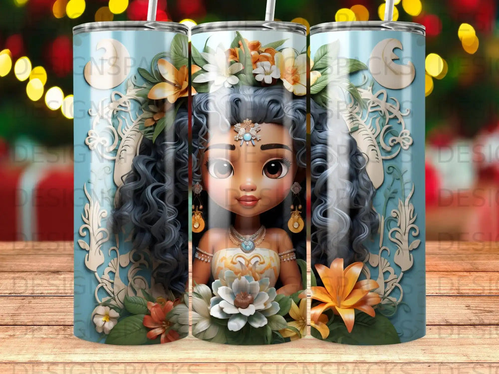 Stylized girl with dark curly hair, floral crown, and ornate necklace.