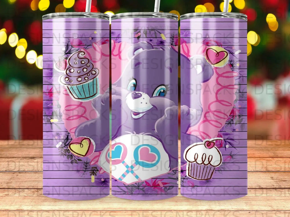 Purple Care Bear with cupcakes and hearts on a wood grain background.