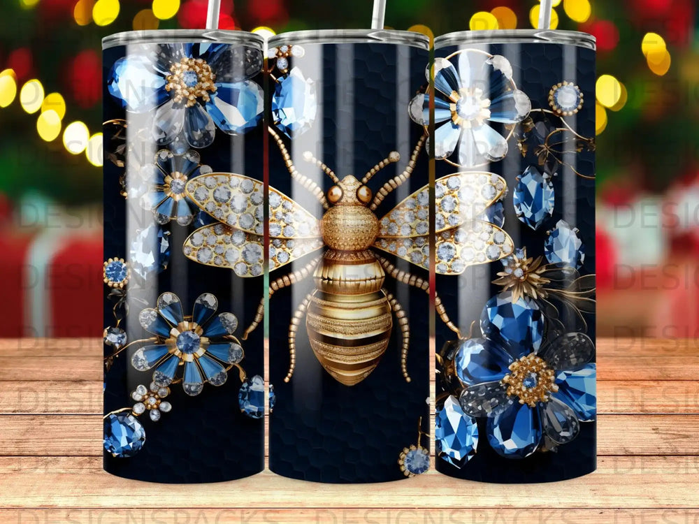 Gold bee and blue gems on textured black tumbler.