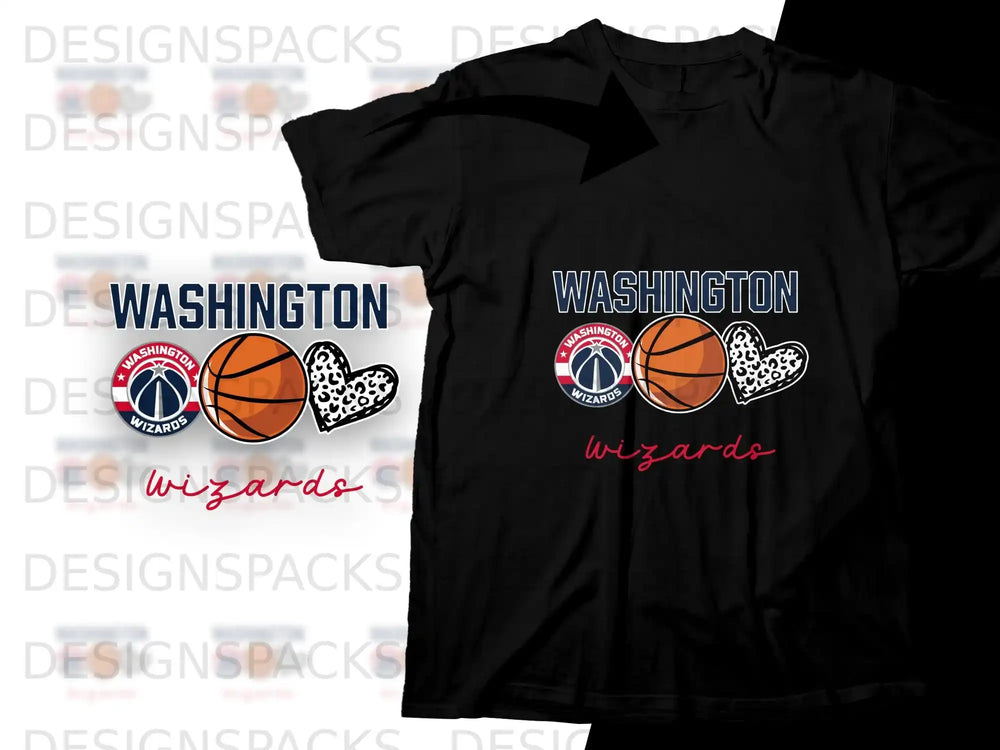 Washington Wizards basketball and heart logo on black t-shirt.