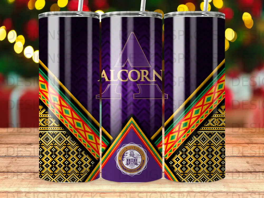 Alcorn State University purple tumbler with logo and geometric border.