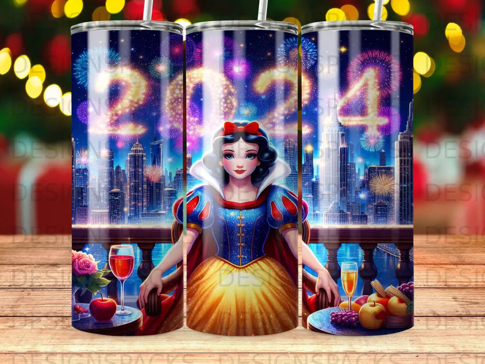 Snow White in front of 2024 cityscape with fireworks.