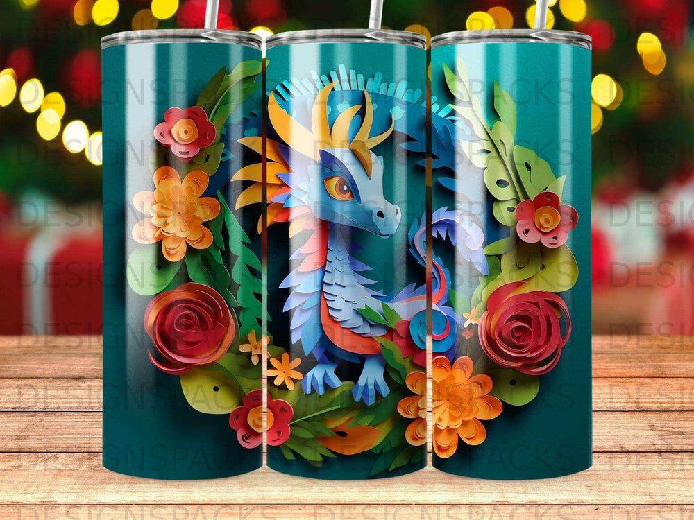 Blue dragon with colorful paper flowers and leaves.