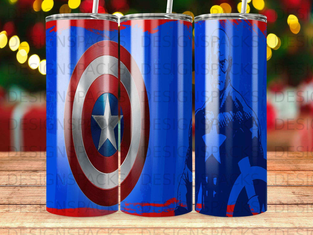 Captain America shield and silhouette on a blue and red tumbler.