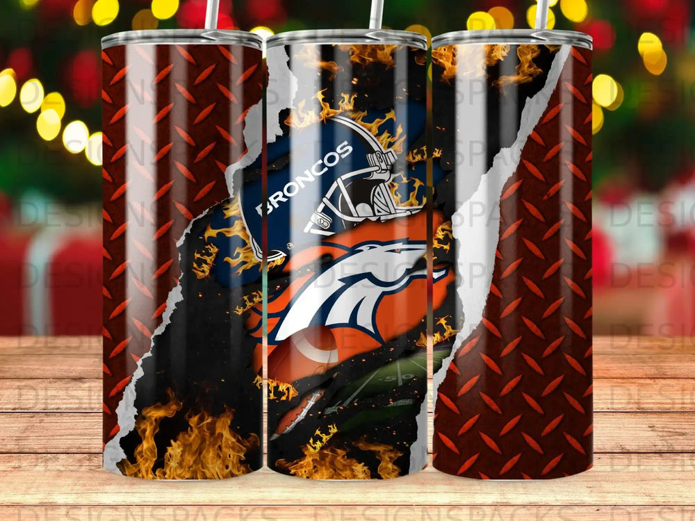 Denver Broncos logo with flames and torn metal texture on a tumbler.