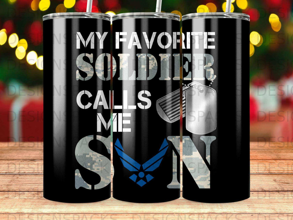 Black tumbler with "My Favorite Soldier Calls Me Mom" and Air Force symbol.