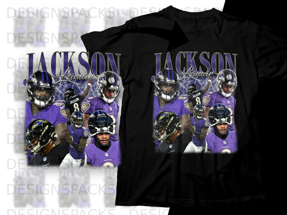 Lamar Jackson Ravens collage graphic on black t-shirt.