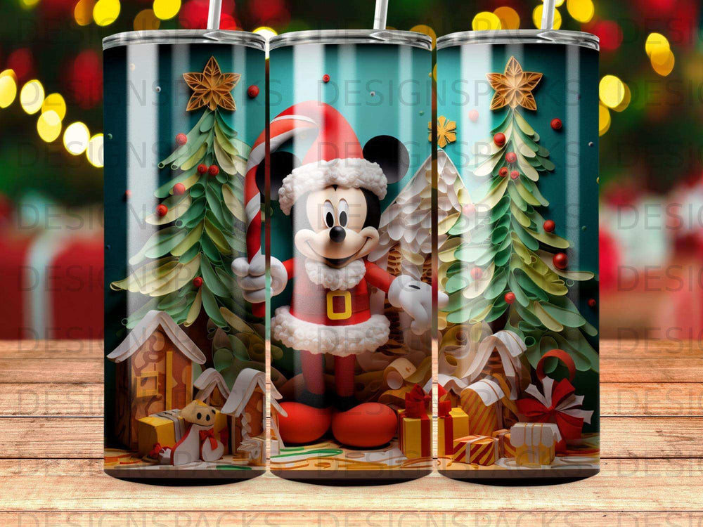 Mickey Mouse in Santa costume with Christmas trees and gifts.