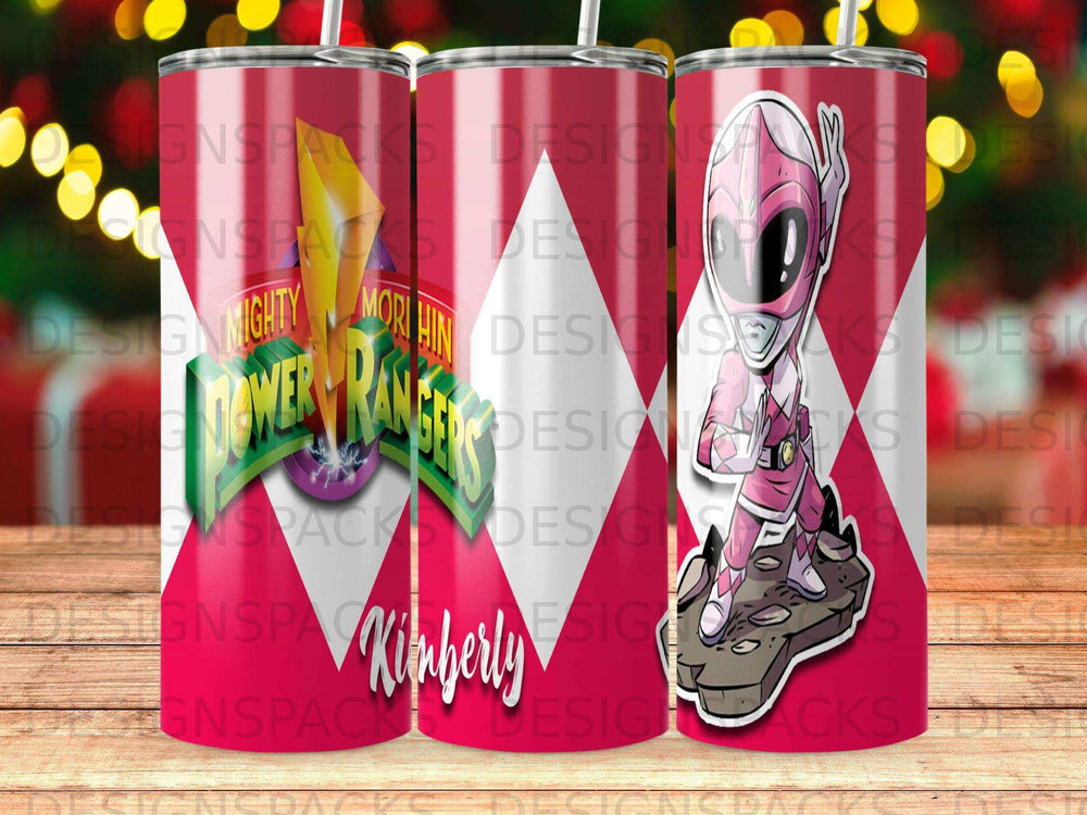 Pink Power Ranger with "Kimberly" text, featured on three tumblers.